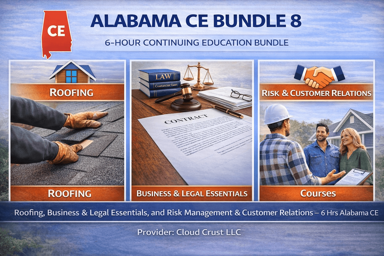 Alabama CE Bundle 8: Roofing, Business & Legal Essentials and Risk Management & Customer Relations (6 Hours CE)