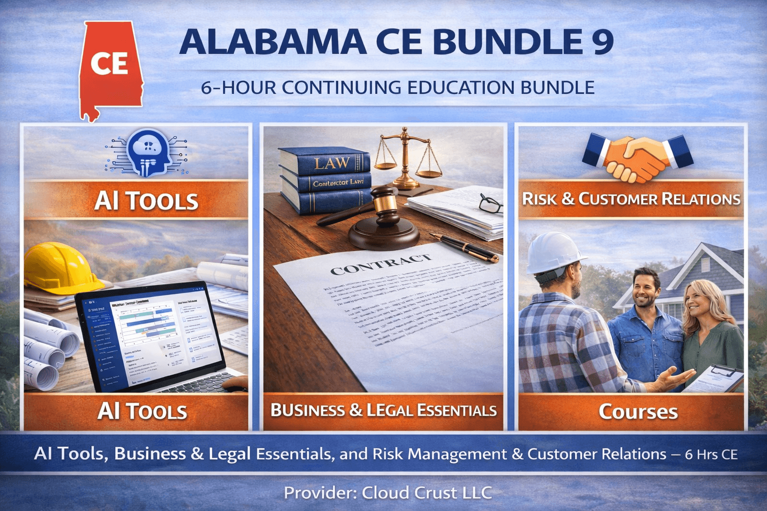 Alabama CE Bundle 9: AI, Business & Legal Essentials and Risk Management & Customer Relations (6 Hours CE)